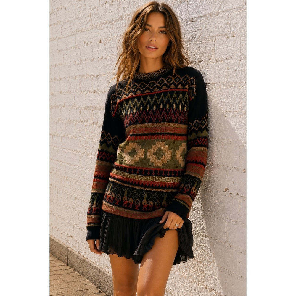 Vintage Black Alpaca Wool Fair Isle Llama Sweater Boho Tunic Small